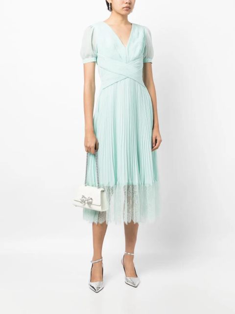 Self-Portrait pleated lace-trim midi dress - Blue