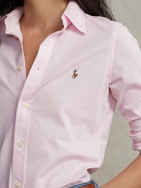 Polo Ralph Lauren koszula bawełniana damska kolor różowy slim z kołnierzykiem klasycznym