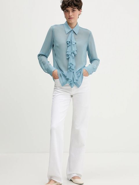 Sisley koszula damska kolor turkusowy regular z kołnierzykiem klasycznym 5NOXLQ09T