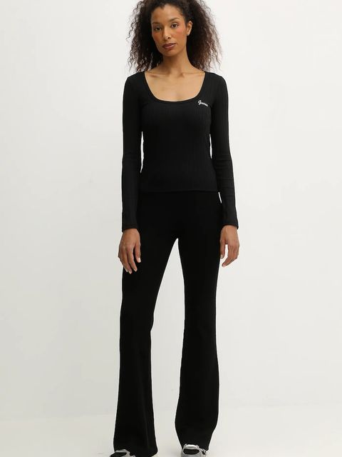 Guess spodnie z domieszką wełny FLAMINIA damskie kolor czarny dzwony high waist V5BB08 Z3JD2