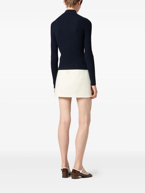 Miu Miu leather-trim ribbed zip-up cardigan - Blue - zdjęcie produktu nr 2