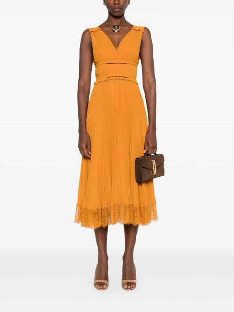 Self-Portrait pleated lace-trimmed dress - Orange