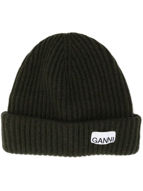 GANNI logo-patch ribbed-knit beanie - Green - zdjęcie produktu nr 1