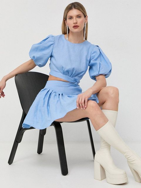 Bardot sukienka lniana kolor niebieski mini rozkloszowana - zdjęcie produktu nr 1