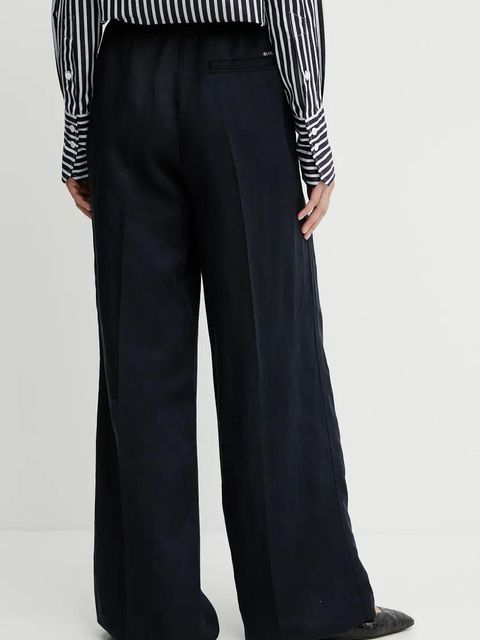 BOSS spodnie z domieszką lnu damskie kolor granatowy proste high waist 50538045