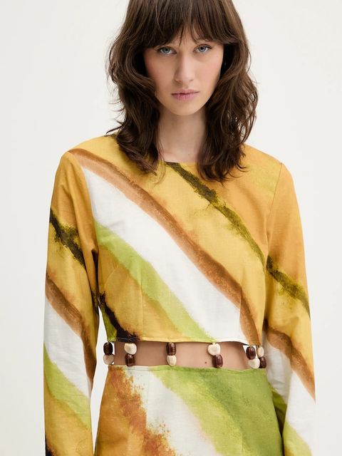 Never Fully Dressed sukienka z domieszką lnu kolor żółty maxi prosta NFDDR2014