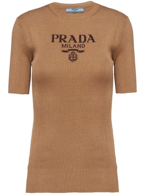 Prada logo-intarsia silk top - Brown - zdjęcie produktu nr 1