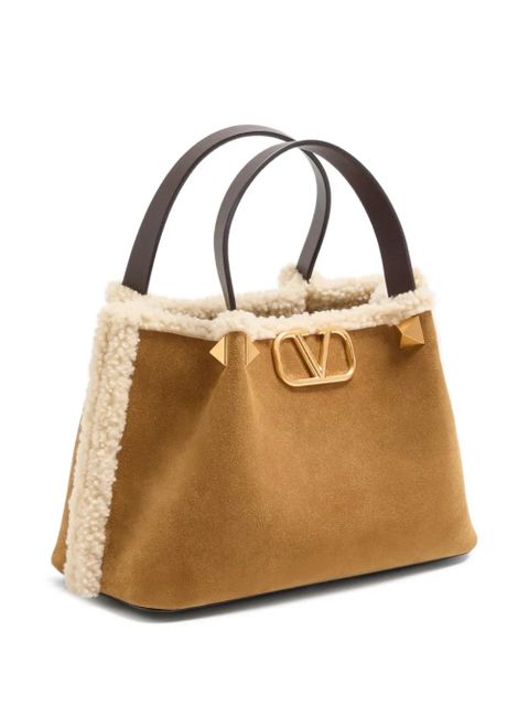 Valentino Garavani small VLogo Signature suede tote bag - Neutrals