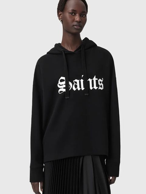 AllSaints bluza bawełniana SAINT damska kolor czarny z kapturem z nadrukiem W140JD - zdjęcie produktu nr 1