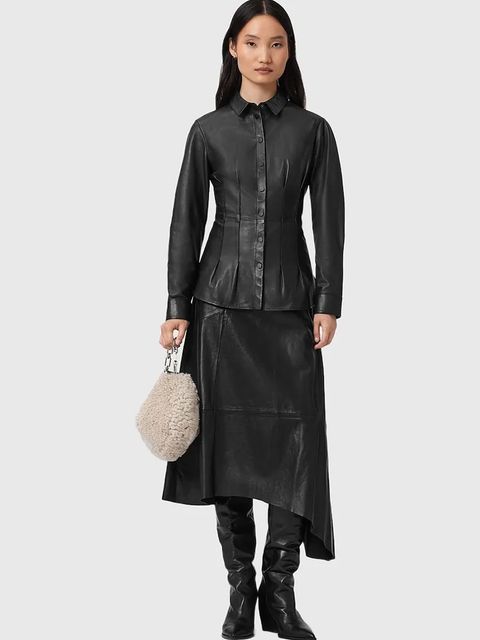 AllSaints spódnica skórzana kolor czarny midi rozkloszowana W073RD