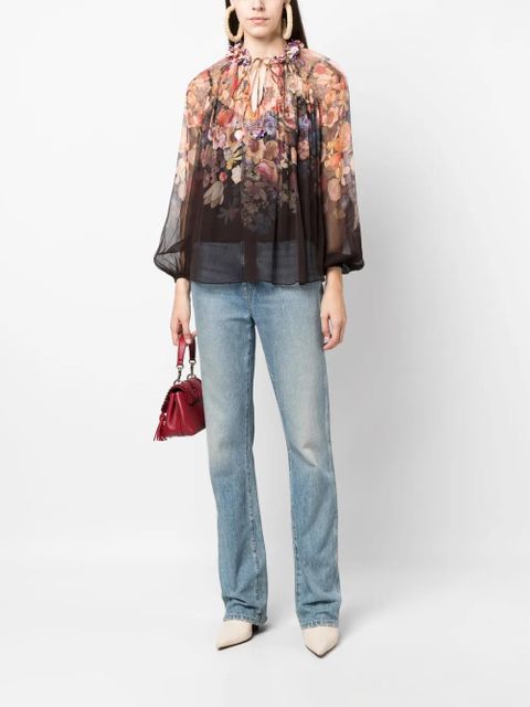 ZIMMERMANN gathered-neck floral-print blouse - Black