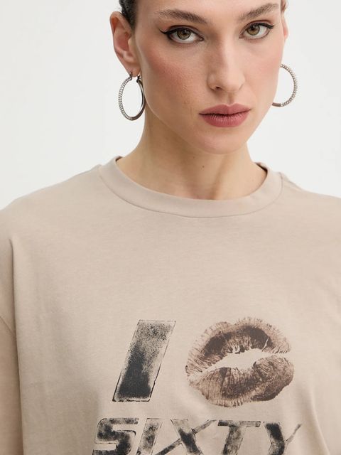 Miss Sixty t-shirt z domieszką lnu damski kolor beżowy 6S3SJ59200