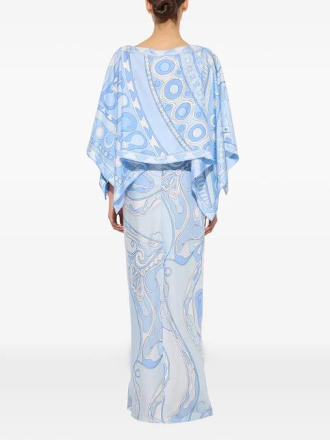 PUCCI Orchidee and Soleil-print silk dress with cape - Blue