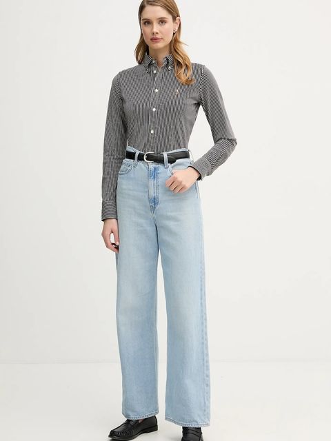 Polo Ralph Lauren koszula bawełniana damska kolor brązowy slim z kołnierzykiem klasycznym 211910131 - zdjęcie produktu nr 2