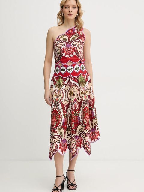 Farm Rio spódnica z dodatkiem lnu kolor czerwony midi rozkloszowana 344016 - zdjęcie produktu nr 2