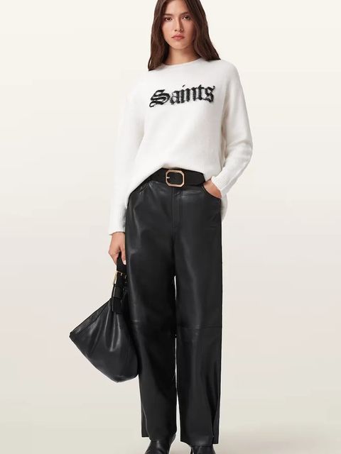 AllSaints spodnie skórzane JETT damskie kolor czarny szerokie high waist W026TD