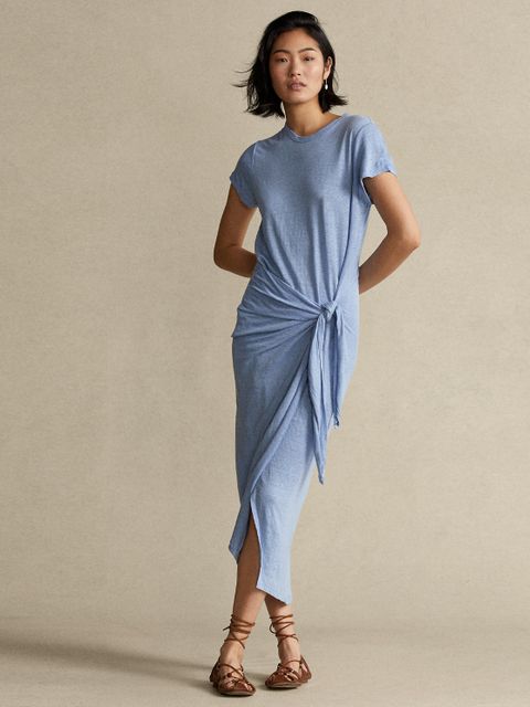 RALPH LAUREN - Lniana sukienka w kolorze niebieskim midi Straight fit - zdjęcie produktu nr 1