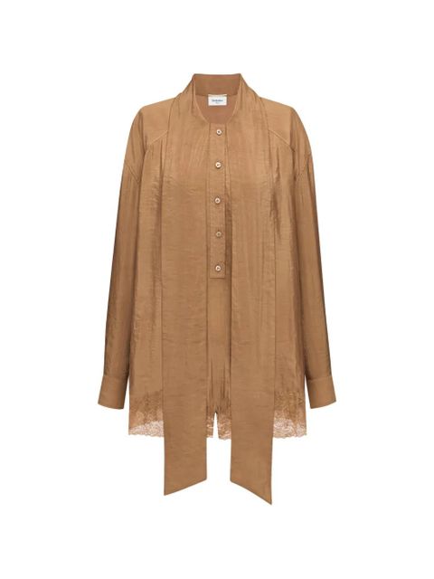 Saint Laurent lace-trim pussy-bow playsuit - Brown