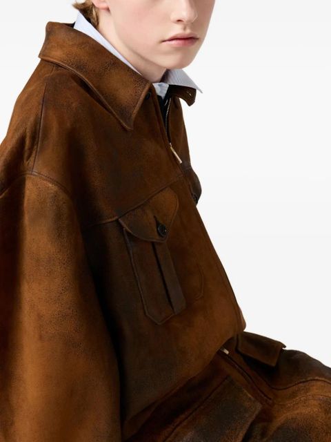 Miu Miu embossed-logo leather jacket - Brown