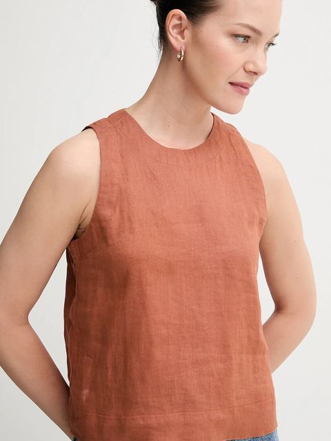 United Colors of Benetton bluzka lniana damska kolor brązowy gładka 5BMLDQ0BU