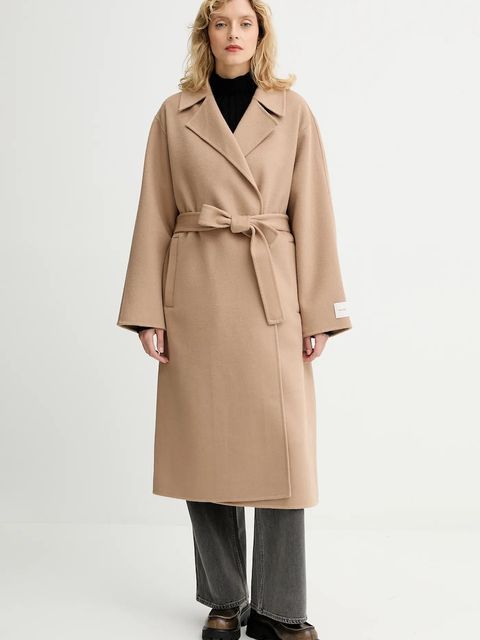 Calvin Klein płaszcz z dodatkiem wełny kolor beżowy LV040WL571 - zdjęcie produktu nr 1