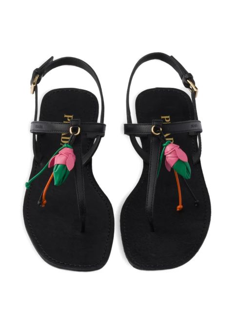 Prada antiqued leather thong sandals with floral ornament - Black