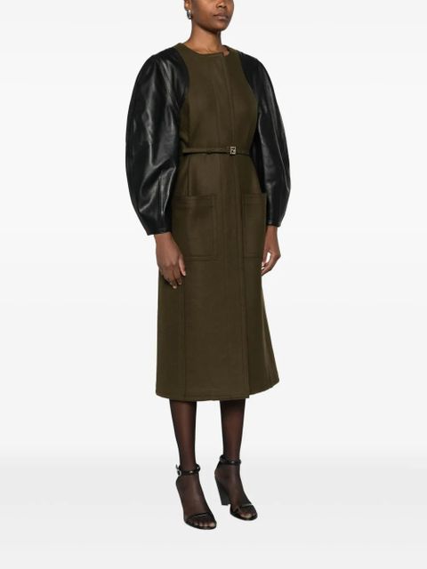 FENDI leather-sleeves wool coat - Green