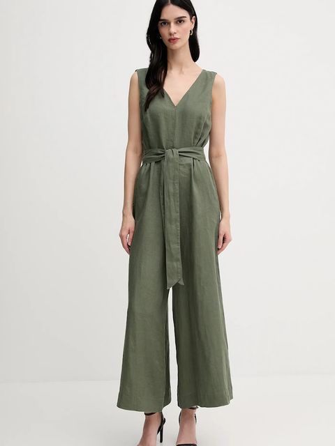 United Colors of Benetton kombinezon lniany kolor zielony z dekoltem w szpic 4AGHDT00E - zdjęcie produktu nr 1