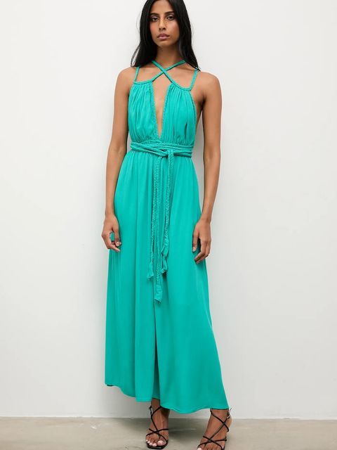 Answear.LAB sukienka kolor zielony maxi rozkloszowana