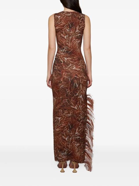LOEWE Feather-print fringe maxi dress - Brown