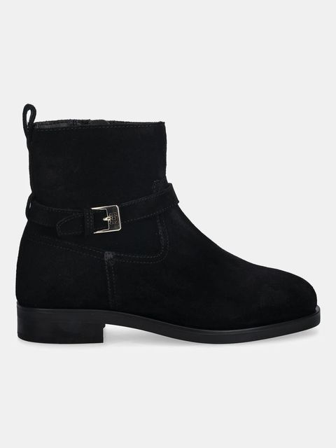 Tommy Hilfiger botki zamszowe TH BUCKLE RIDING SUEDE BOOTIE damskie kolor czarny na płaskim obcasie FW0FW09047