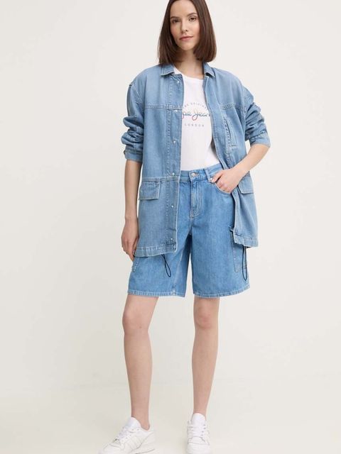 Pepe Jeans szorty jeansowe RELAXED SHORT HW WORKER damskie kolor niebieski gładkie high waist PL801136