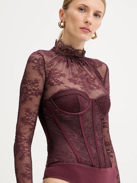 Retrofete body Valentina damskie kolor bordowy z aplikacją FW24-10322