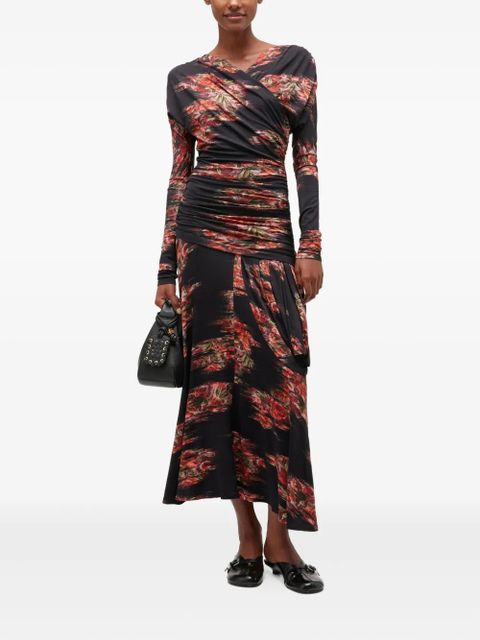 GANNI floral-print ruched midi dress - Black