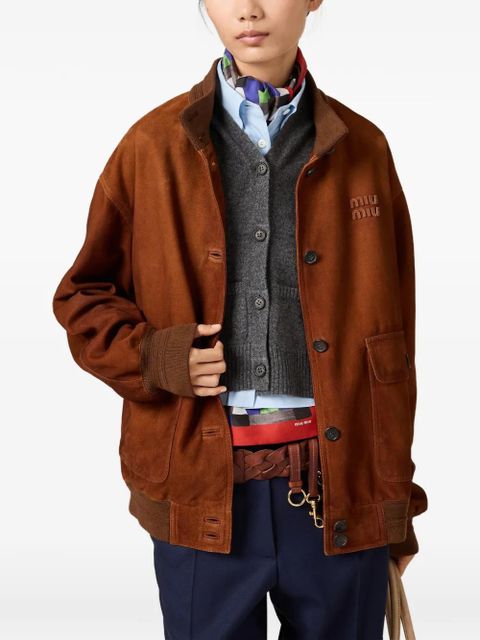 Miu Miu logo-detail suede jacket - Brown