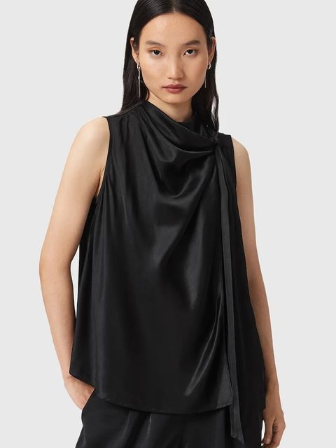 AllSaints bluzka z dodatkiem jedwabiu HERELA damska kolor czarny gładka W011PD - zdjęcie produktu nr 1