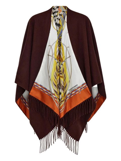 Ferragamo Rooster-print fringed reversible poncho - Brown - zdjęcie produktu nr 1