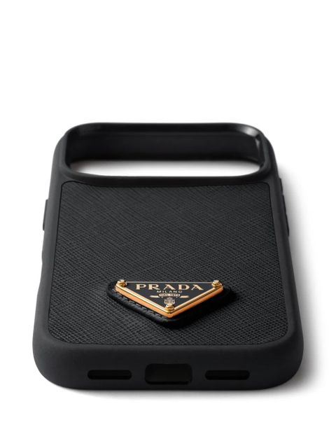 Prada enameled metal triangle leather iPhone 17 Pro Max phone case - Black