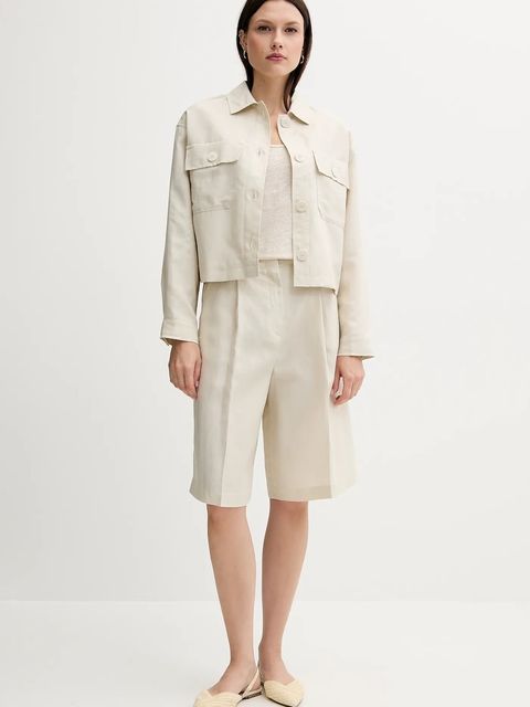 United Colors of Benetton szorty z domieszką lnu damskie kolor beżowy gładkie high waist 45BVD9026 - zdjęcie produktu nr 2