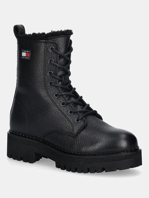 Tommy Jeans botki skórzane TJW URBAN LACEUP BOOT WL damskie kolor czarny na platformie ocieplone EN0EN02906