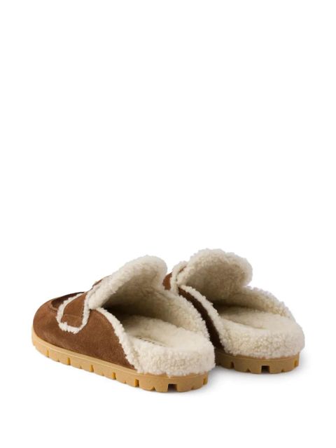 Prada shearling logo-plaque mules - Brown
