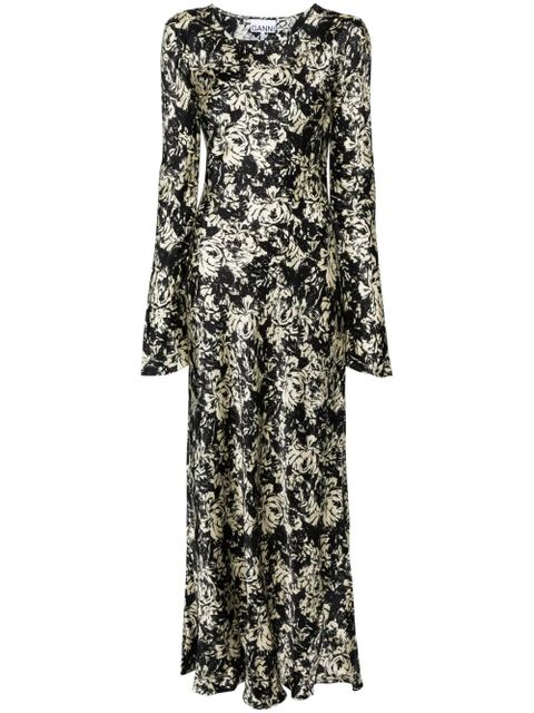 GANNI floral-print satin maxi dress - Black