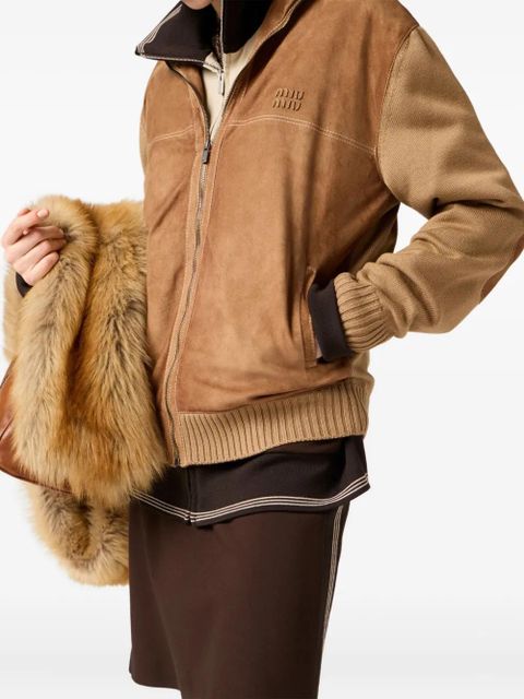 Miu Miu suede-insert ribbed cardigan - Brown