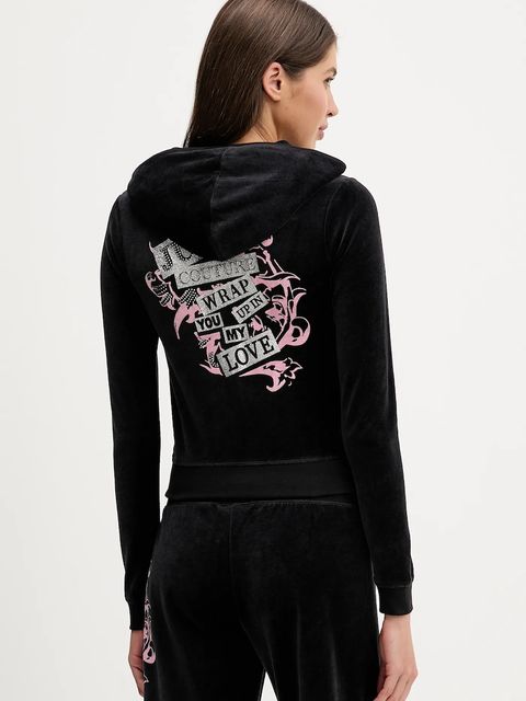 Juicy Couture bluza welurowa Wrap You Up damska kolor czarny z kapturem z nadrukiem JCNAS126451