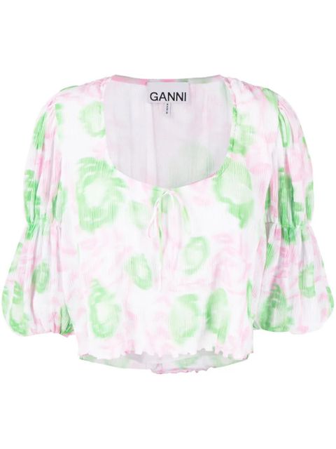 GANNI floral-print pleated georgette blouse - Pink - zdjęcie produktu nr 1