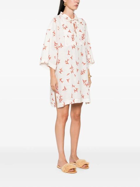 FENDI coral-print tie-neck mini dress - White