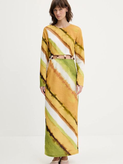 Never Fully Dressed sukienka z domieszką lnu kolor żółty maxi prosta NFDDR2014 - zdjęcie produktu nr 1