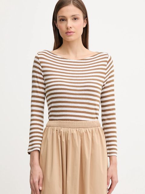 United Colors of Benetton longsleeve z domieszką lnu kolor brązowy 38O0D109X