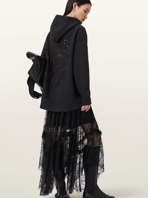 AllSaints bluza z bawełną CRANEO damska kolor czarny z kapturem z aplikacją W064JD