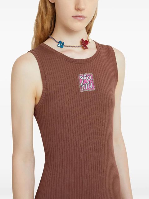Marni ribbed logo-patch midi dress - Brown